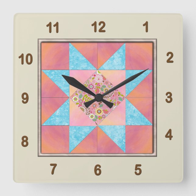 Star Patch Sunset & Water Quilt Block Square Wall Clock (Front)