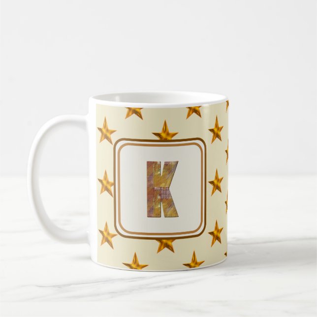 Star Patchwork First Last Name K Initial Monogram Coffee Mug (Left)