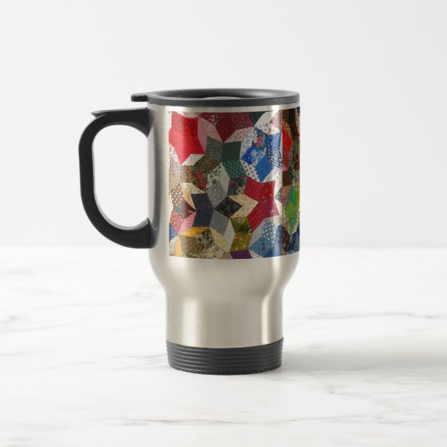 Star Patchwork Quilt Vintage Look Travel Mug (Left)