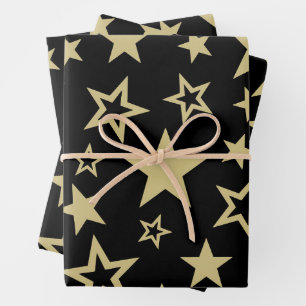 Star Pattern Black and Gold Wrapping Paper Sheets