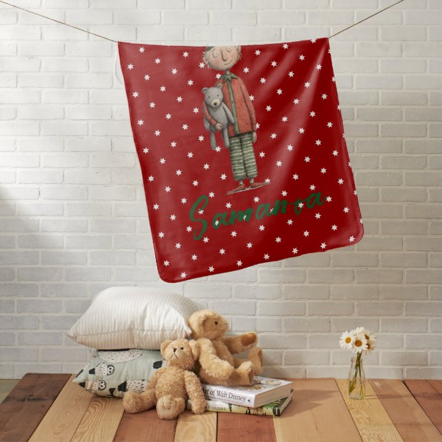 Star pattern christmas elf teddy bear green red baby blanket (In Situ)