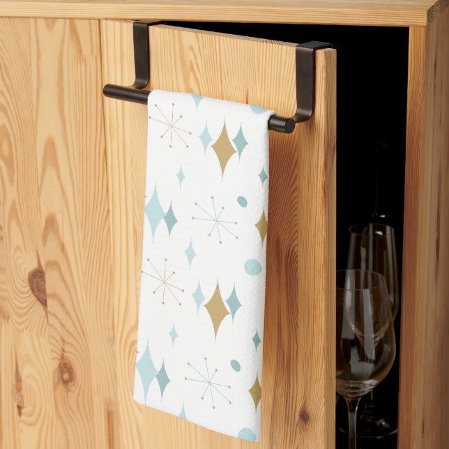Star Pattern Mid Century Modern Aqua Gold Kitchen Towel (Thirds Fold)