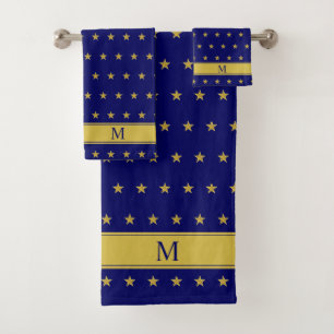 Star Pattern & Monogram on Golden and Navy Blue Bath Towel Set
