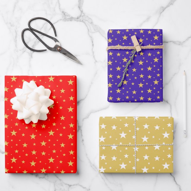 Star Pattern on Blue, Golden and Red Wrapping Paper Sheets (Front)