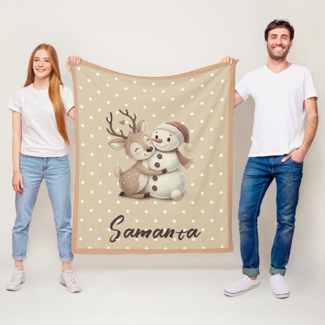 Star pattern reindeer snowman blue beige name fleece blanket (In Situ)