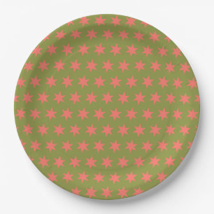 Star Pattern Trending Colors Green Coral Paper Plates