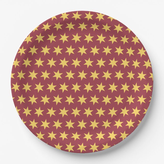 Star Pattern Trending Colors Maroon Gold Paper Plates (Front)