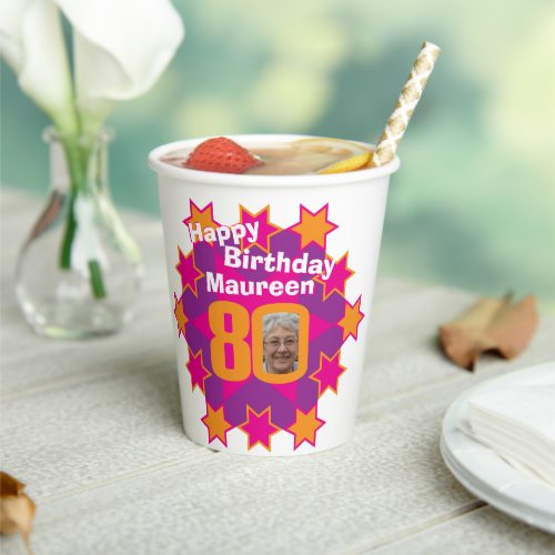 Star pink golden yellow 80th birthday two photos paper cups