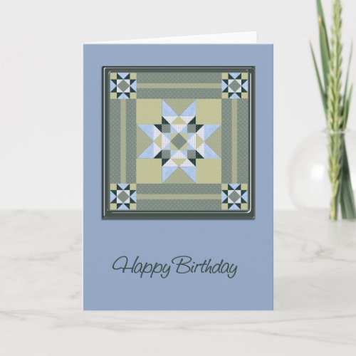 Star Quilt Square in Blue  Greens Birthday Card