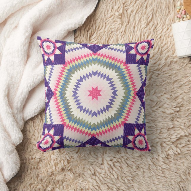 Star Quilt Style Square Purple Throw Pillow (Blanket)