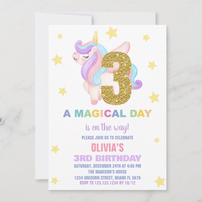 Star Rainbow Unicorn Birthday Invitations Fly (Front)