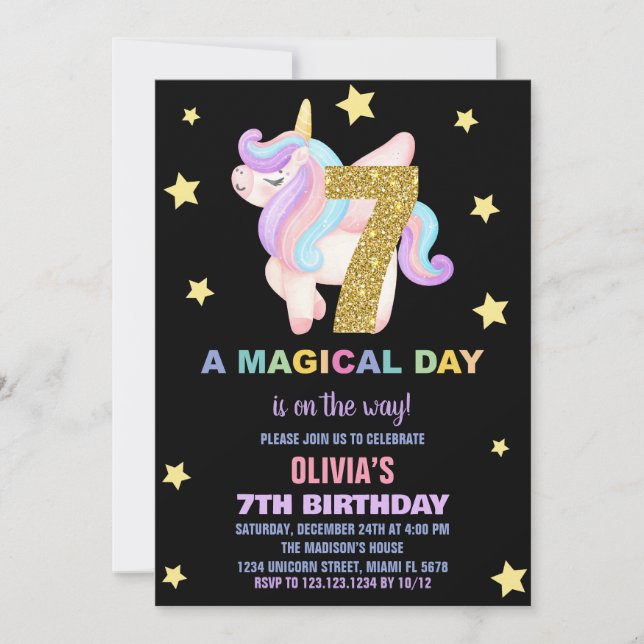 Star Rainbow Unicorn Birthday Invitations Fly (Front)