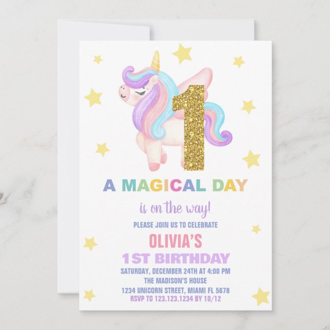 Star Rainbow Unicorn Birthday Invitations Fly (Front)