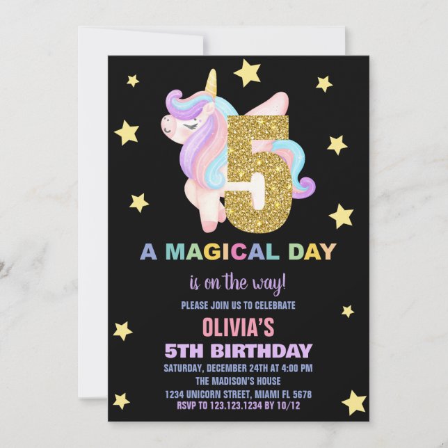 Star Rainbow Unicorn Birthday Invitations Fly (Front)