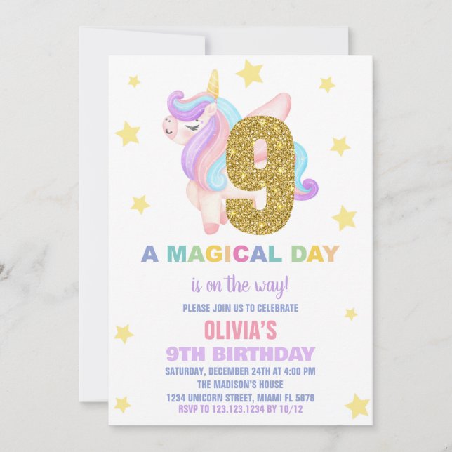 Star Rainbow Unicorn Birthday Invitations Fly (Front)