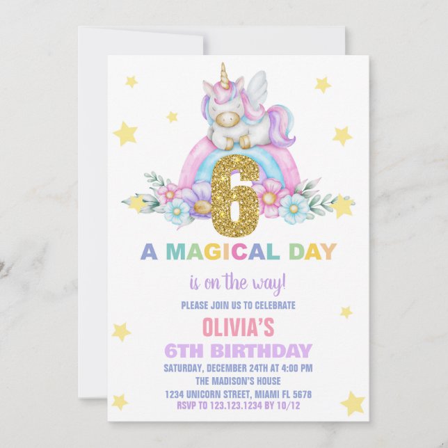 Star Rainbow Unicorn Birthday Invitations Fly (Front)