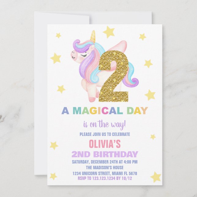 Star Rainbow Unicorn Birthday Invitations Fly (Front)
