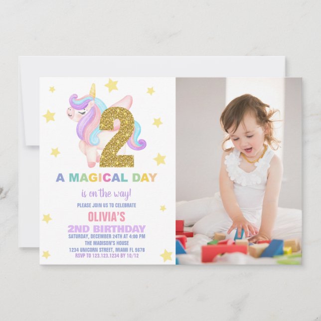 Star Rainbow Unicorn Birthday Invitations photo (Front)