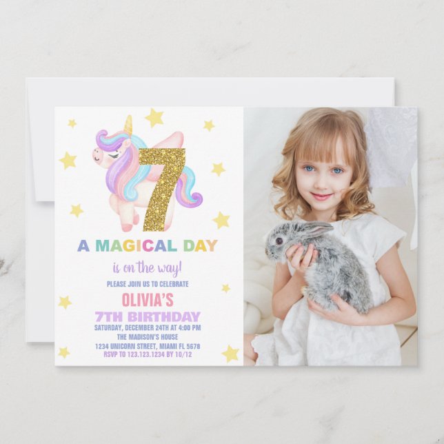 Star Rainbow Unicorn Birthday Invitations photo (Front)