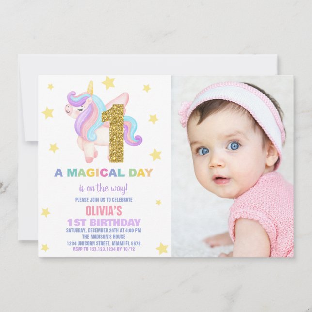 Star Rainbow Unicorn Birthday Invitations photo (Front)