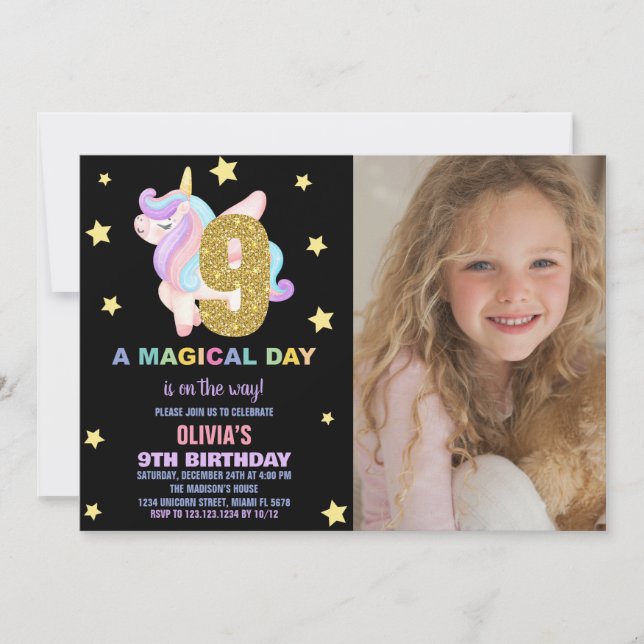Star Rainbow Unicorn Birthday Invitations w photo (Front)