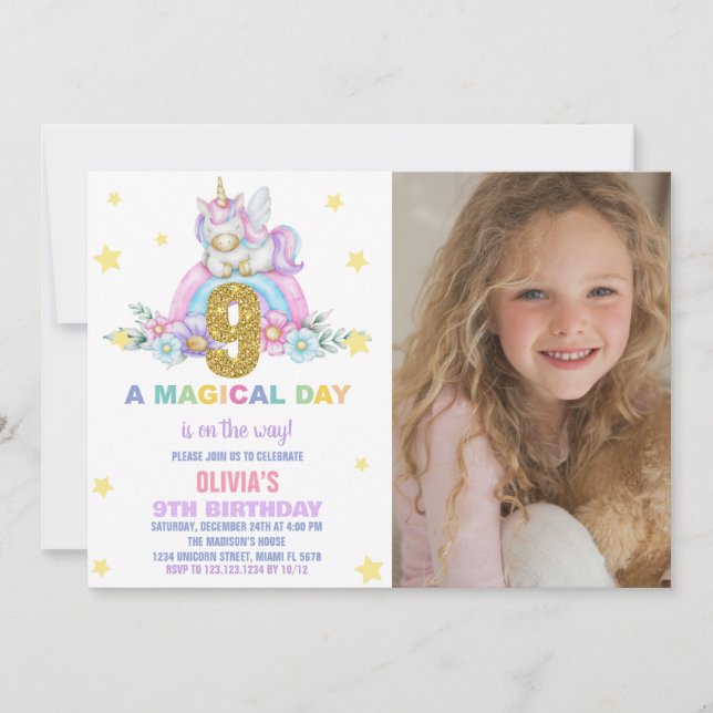 Star Rainbow Unicorn Birthday Invitations w photo (Front)