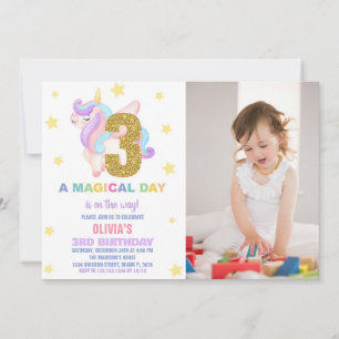 Star Rainbow Unicorn Birthday Invitations w photo