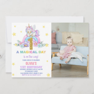 Star Rainbow Unicorn Birthday Invitations w photo
