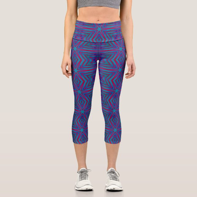Star Red and Blue Geometric Capri Leggings (Front)