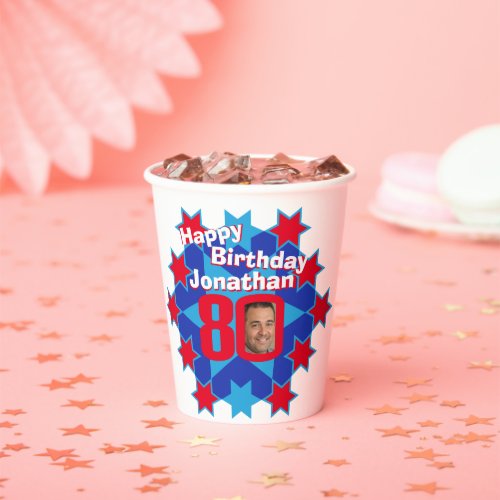 Star red blue 80th birthday two photos paper cups