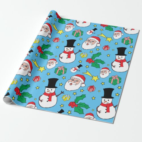 Star Santa Claus Snowman Christmas Pattern Blue Wrapping Paper