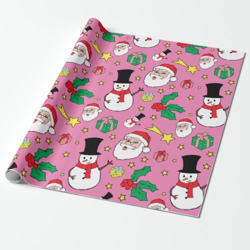Star Santa Claus Snowman Christmas Pattern Pink Wrapping Paper