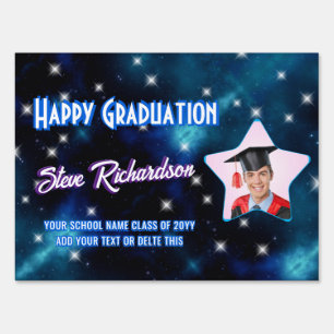Star Script Name Happy Graduation Party Blue Photo Sign