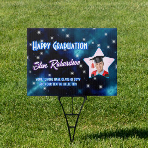 Star Script Name Happy Graduation Party Blue Photo Sign