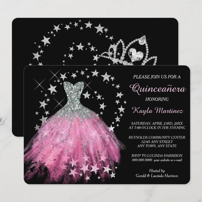 Star Shimmer Bright Pink Quinceanera Invitation (Front/Back)