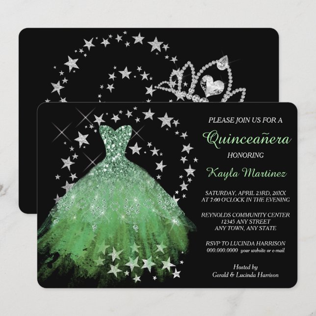 Star Shimmer Spring Green Quinceanera Invitation (Front/Back)