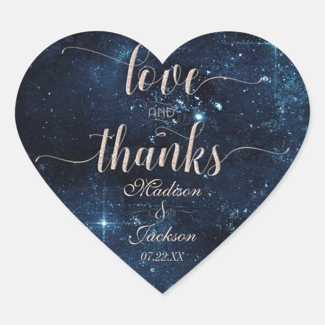 Star Sky Celestial Wedding Love & Thanks Favor Heart Sticker (Front)