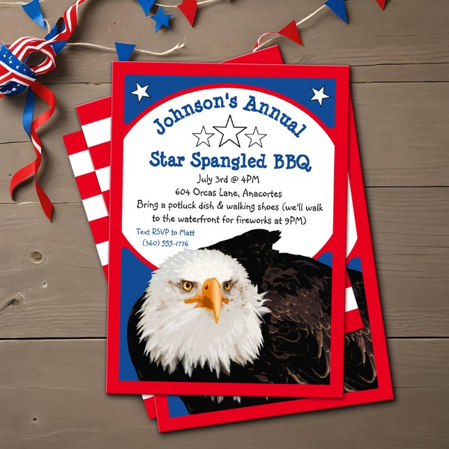 Star Spangled 4th of July BBQ Party Bald Eagle Red Invitation (Modern Bald Eagle 4th of July star spangled BBQ party invitations)