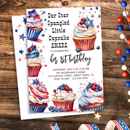 Star Spangled Little Cupcake Any Age Kids Birthday Invitation