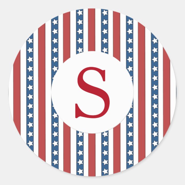 Star Spangled Patriotic Custom Initial Monogram Classic Round Sticker (Front)