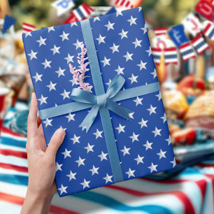Star Spangled Silver Stars On Navy Blue Americana Wrapping Paper Sheets
