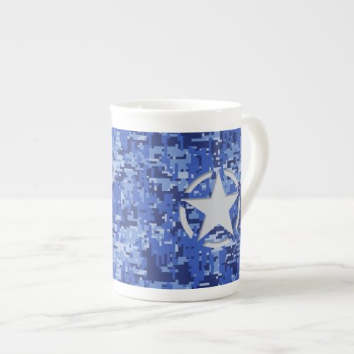 Star Stencil Retro Navy Blue Camouflage Bone China Mug