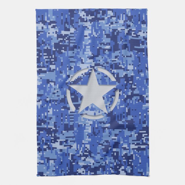 Star Stencil Retro Navy Blue Camouflage Kitchen Towel (Vertical)