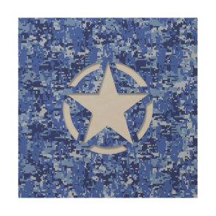 Star Stencil Retro Navy Blue Camouflage Wood Wall Art
