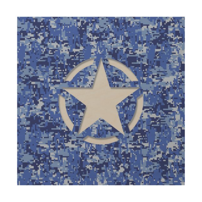 Star Stencil Retro Navy Blue Camouflage Wood Wall Art (Front)