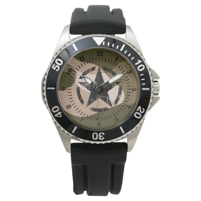 Star Stencil Vintage Decal Dial on Camouflage Watch (Front)