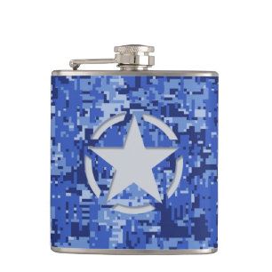 Star Stencil Vintage Navy Blue Digital Camo Hip Flask