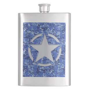Star Stencil Vintage Navy Blue Digital Camo Hip Flask
