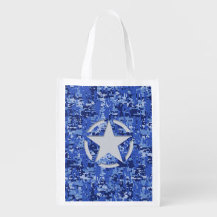 Star Stencil Vintage Navy Blue Digital Camo Reusable Grocery Bag