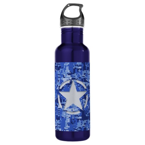 Star Stencil Vintage Navy Blue Digital Camo Water Bottle